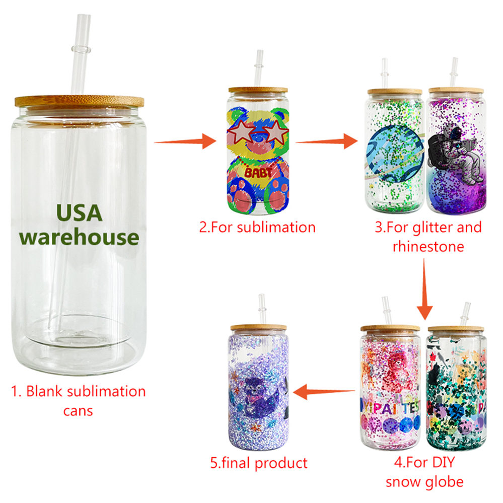 

Stock 12OZ 16OZ 20OZ Clear sublimation double wall glass tumbler glitter DIY snow globe blank glass can with bamboo lids beer juice glasses cup