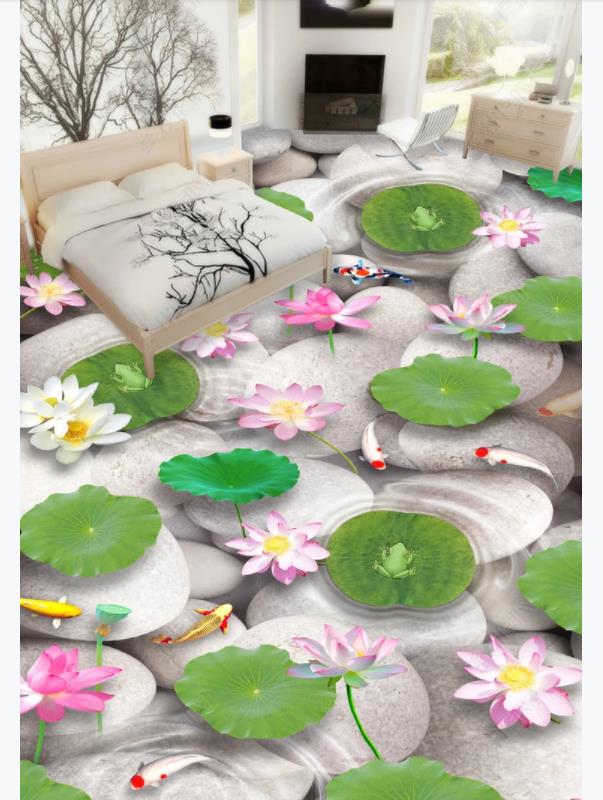 

Custom photo flooring wallpaper 3d Wall Stickers Modern pebble clear water fish lotus pond 3D three-dimensional floor painting decoration, Custom any size