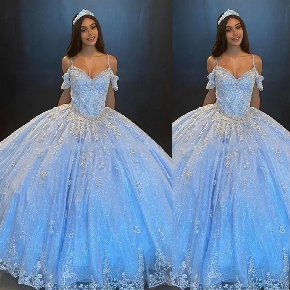 

Sky Blue Quinceanera Dresses 2022 Tulle Off the Shoulder Spaghetti Straps Floor Length Lace Applique Corset Back Pageant Prom Party Ball Gown vestidos, Pink