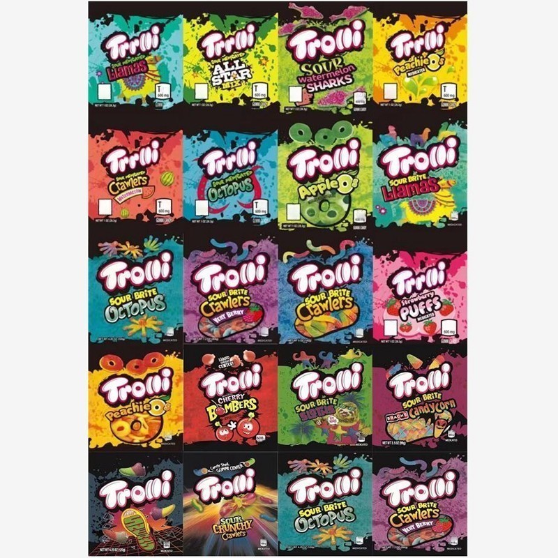 

20 Type mylar bag trolli trrlli Errlli edibles Gummies packaging resealable zipper pouch 600mg custom logo RUNTZ Strawberry Watermelon Octopus Yellow Peach Apple