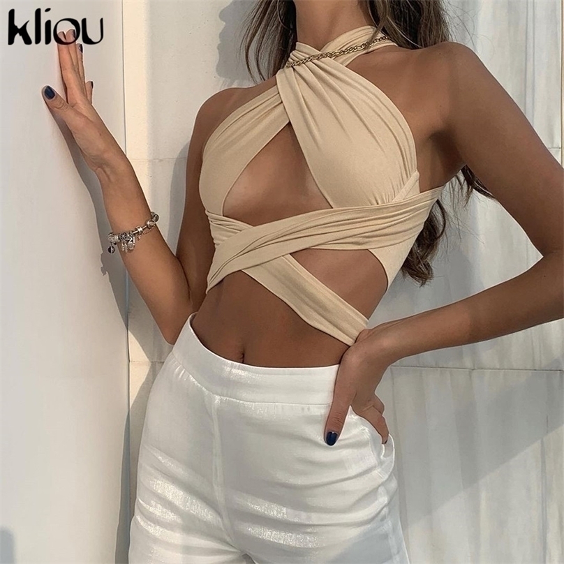 

Kliou Solid Halter Crop Tops Women Bandage Hole Sexy Backless Tanks Vest Skinny Party Clubwear Female Outwear Outfits Summer 220318, Khaki