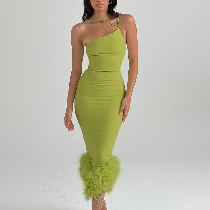 

Casual Dresses Znaiml 2022 Green Backless Feather Tassel Slit One Shoulder Sleeveless Maxi Dress Women Autumn Elegant Birthday Party Outfits