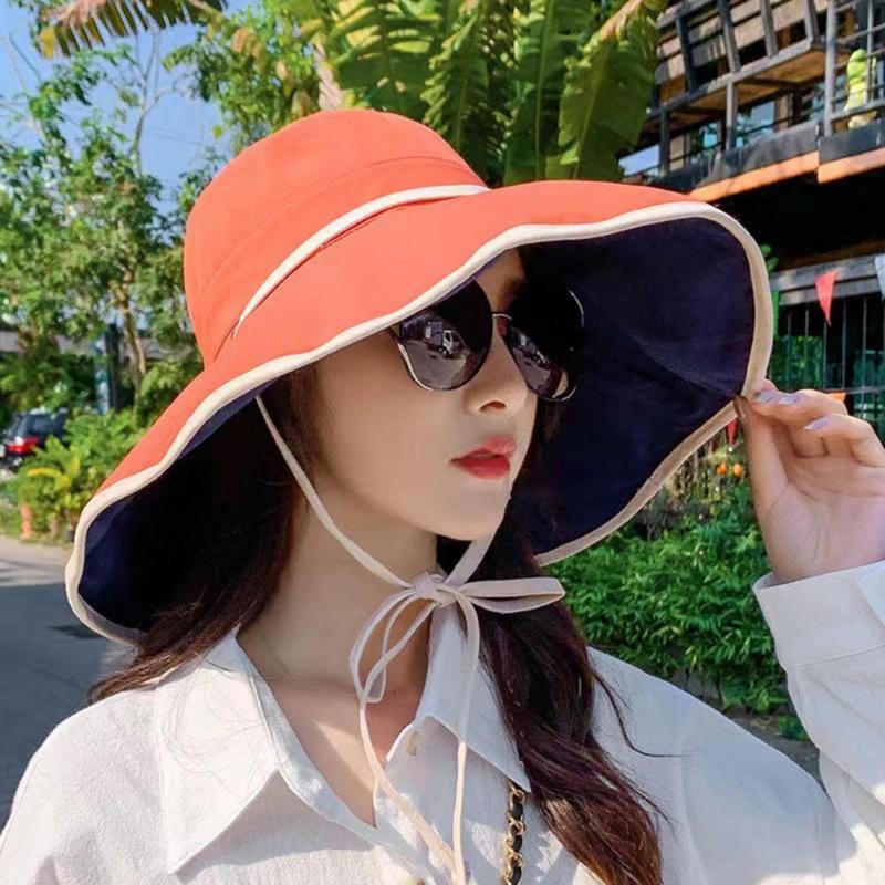 

Visors Women Fisherman Hat Sunscreen Anti-UV Adjustable Fasten String Big Brim Bucket Hats Panama Cap Sun Beach HeadwearVisors, Black