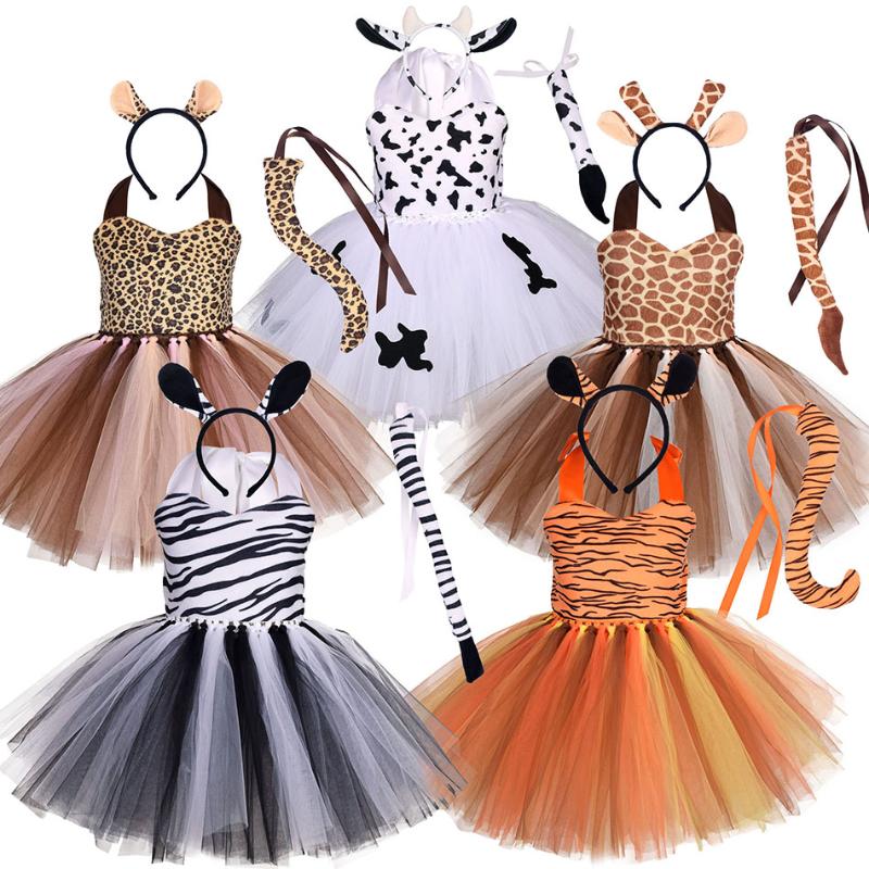 

Girl's Dresses Kids Halloween Animal Cosplay Costume Children Zoo Theme Party For Girls Boys Tiger Lion Cow Leopard Giraffe CosplayGirl's