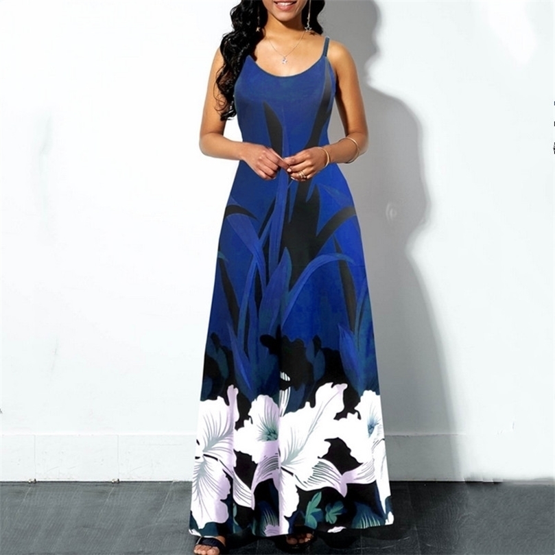 

Women Casual V Neck Spaghetti Straps Floral Print Long Dress Summer Sexy Boho Large Hem Sling Maxi Dresses Robe Femme 220402, Claret