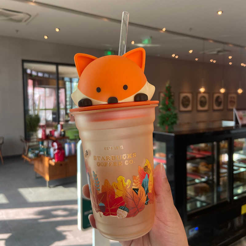 Starbucks cup autumn forest maple leaf cute fox glass straw cup cute cartoon frosted desktop water cup female-image-759402607