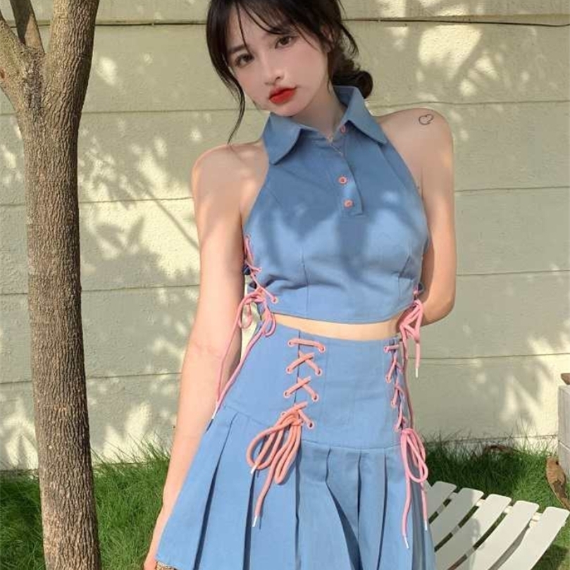 

Summer Womens Skirt Set Chic Elegant Fashion Pleated Skirt Strap Backless Sleeveless Tank Top Skirt 2piece Set Dress Sets 220527, Blue