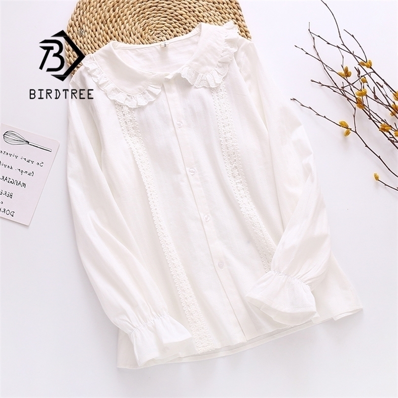 

Spring Women Peter Pan Collar Cotton White Shirt With Tie Long Sleeve Lace Blouse Autumn Solid Sweet Cute Girls Tops T0 220402