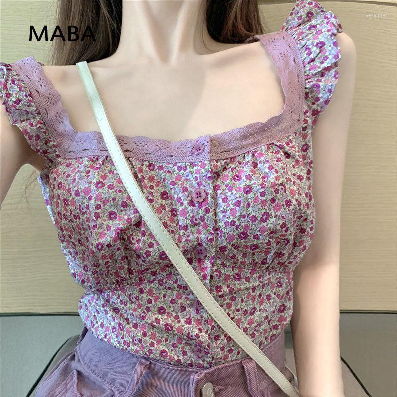 

Women's Blouses & Shirts Summer Women Korean Purple Sweet Lace Buttons Retro Floral Square Collar Sleeveless Slim Beach Boho Shirt TopWomen'