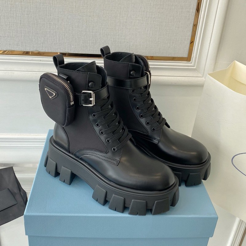 

Designer Monolith Leather and Nylon Fabric Boots Ankle Martin Boot For Women Platform Desert Boots With Removable Pouch Chunky Block Sole Booties