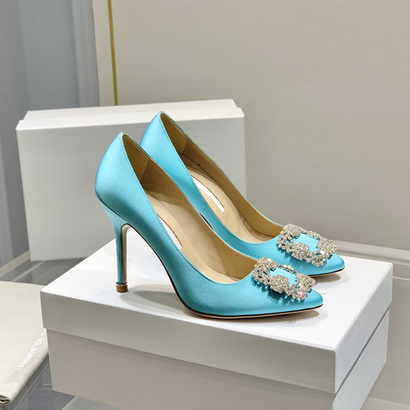 

designer Dress Shoes satin classic Square Rhinestone Buckle Embellished pumps top quality genuine leather Pointed toes stiletto heel womens shoe 35-42 with box, Light blue