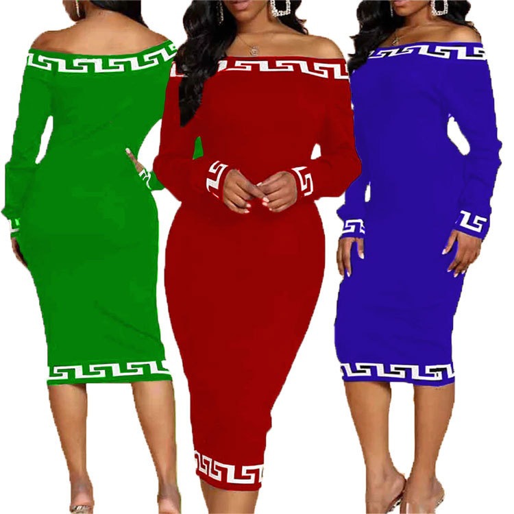 

Women's Dresses slim fit fashion casual plain color patchwork print off shoulder dress SIZE S--3XL 005, Green