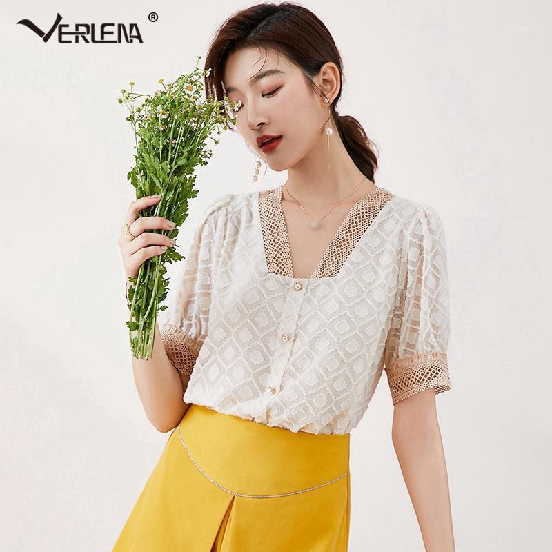 

Women' Blouses & Shirts Verlena Hollow Out Hole Lace Patchwork Beige Women Puff Short Sleeve Cube Pattern Elegant Chic Shirt Tops Summer 20