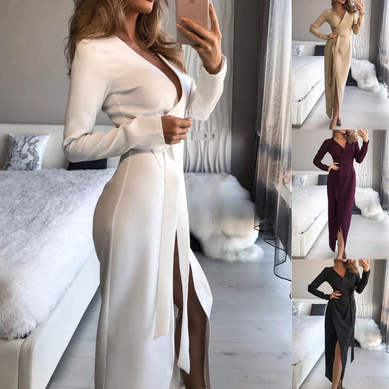 

Casual Dresses Spring Sexy Bandage Party Bodycon Women Long Sleeve V-Neck Soild Slim Dress Female Clothing Elegant Fashion Robe, Black