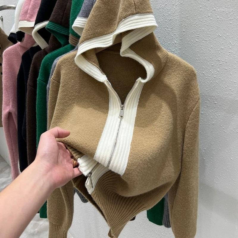 

Women' Knits & Tees Contrast Color Double Zipper Knitted Cardigan Casual Lazy Wild Crop Hooded Sweater Coat Pull Femme 2022 Autumn Perf22, Black