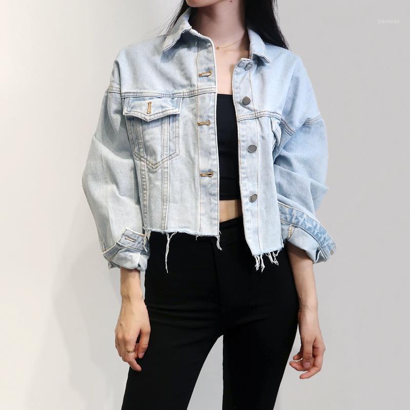 

Women' Jackets Women Drop Shoulder Petite Denim Jacket With Frayed Hem In Mid Blue Wash