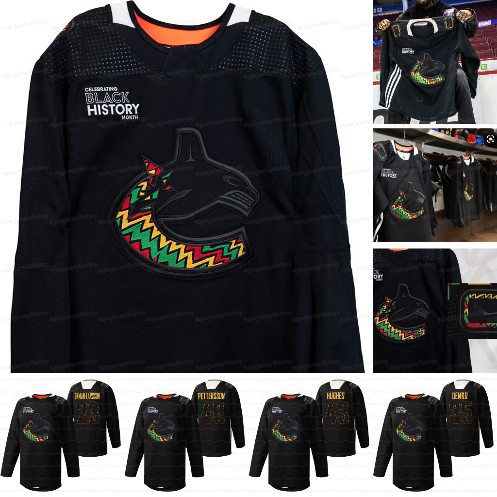 

2022 Black History Jersey Quinn Hughes Elias Pettersson Oliver Ekman-Larsson Bo Horvat Thatcher Demko Brock Boeser J.T. Miller Conor Garland Kyle Burroughs, Youth s-xl