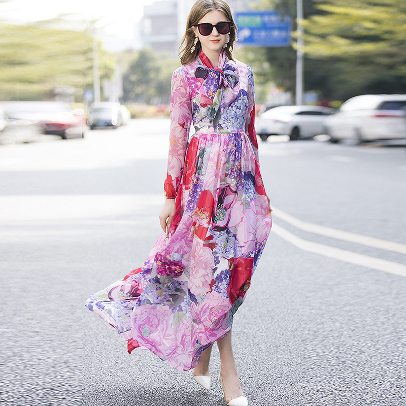 

Women's Runway Dress O Neck Long Sleeves Printed High Street Designer Maxi Holiday Dresses with Scarf, Multi