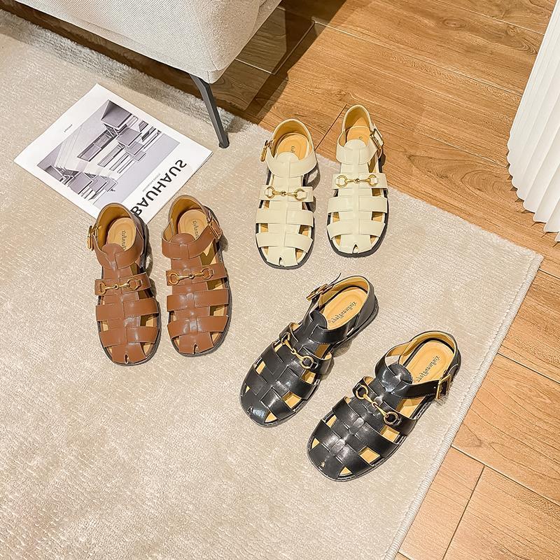 

Sandals Summer Fashion Simple Retro Hollow Roman For Women Leather High Quality Brand Ladies Luxury Slipper GiftsSandals, Brown
