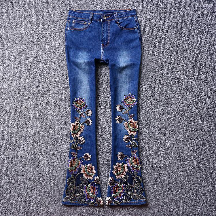 

Women's Jeans European Station 2022 Autumn And Winter Fashion Embroidery Flower Stretch Heavy Work Beaded Slim Micro Flare Pants, Blue