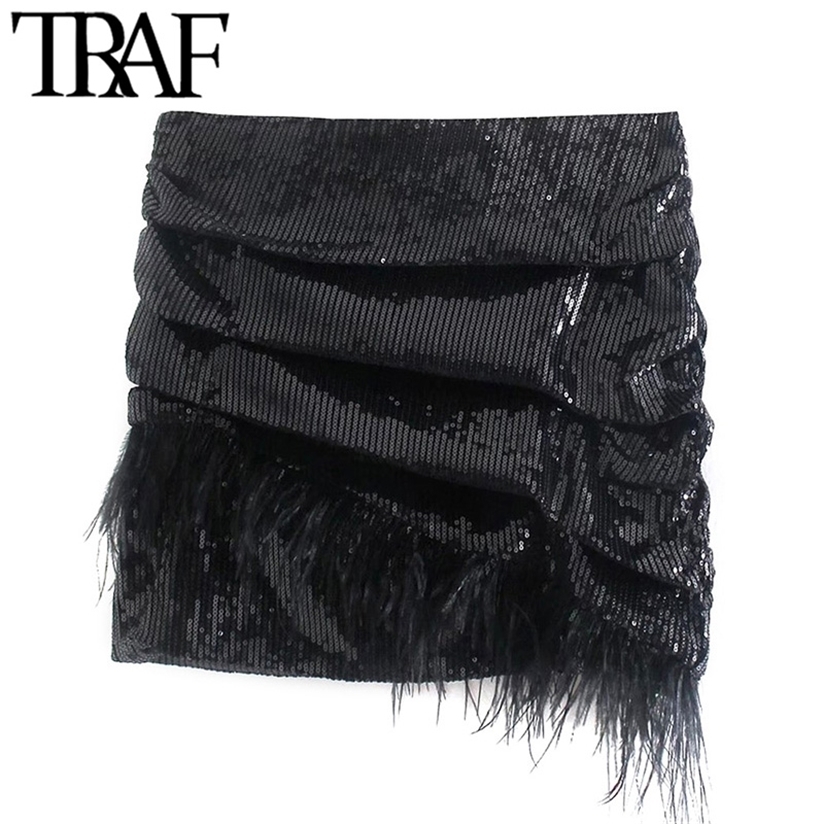 

TRAF Women Chic Fashion With Tassel Pleated Sequin Party Mini Skirt Vintage High Waist Side Zipper Female Skirts Mujer 220322, As picture