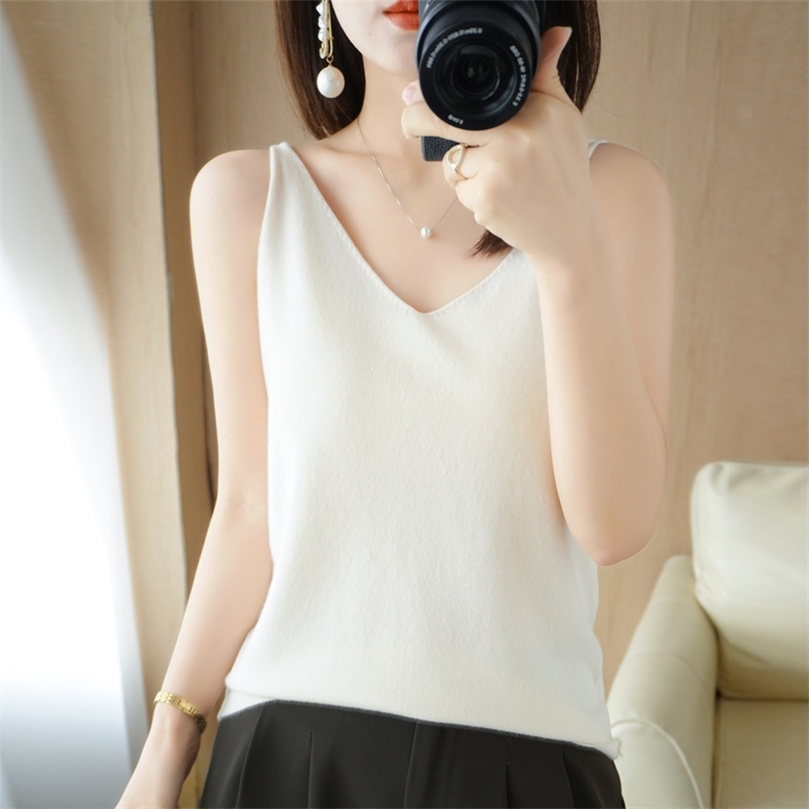 Fashion Vneck Womens Vest Sling Wool Knit Sleeveless Sweater Solid Color Summer Pullover Womens Sling thin WOTEEWS brand 220607