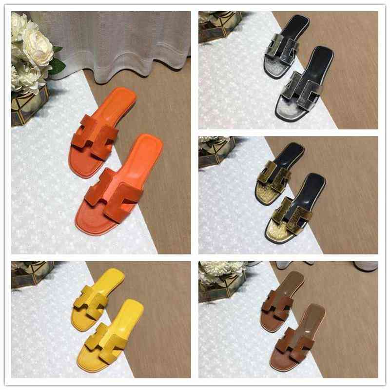 2022 Designer Femmes Sandales Oran Sandales Classic Slippers Real Le cuir glissades plate-forme Flats chaussures Boots Boots Newshoes Us 36-41 av