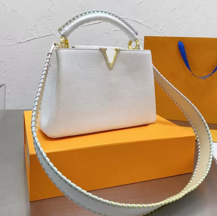 

2022 Women Fashion Handbag Crossbody Bags Shoulder Tote Bag Litchee Pattern Genuine Leather Braided Bicolor Strap Capucines Handbags Purse, White