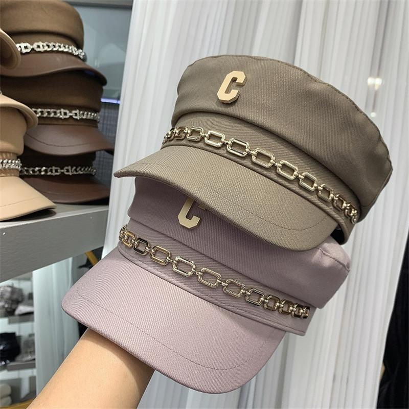 

Berets 202212-2509209 Spring Fashion Letter Metal Chain Leisure Sboy Lady Octagonal Hat Men Women Visors CapBerets, Black