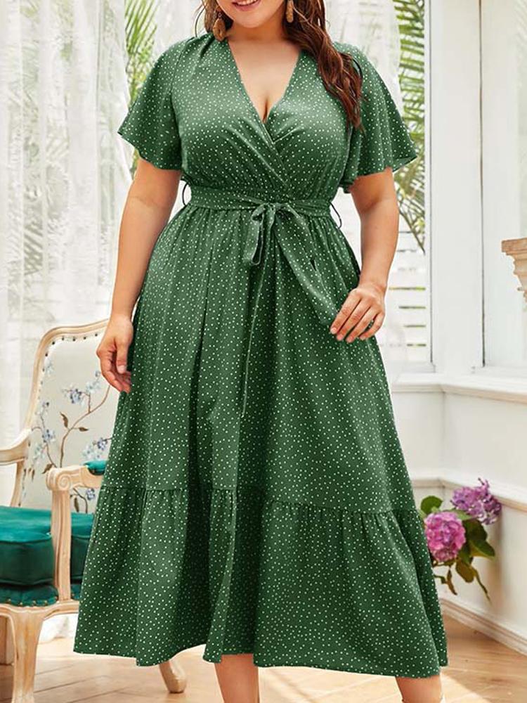 

Plus Size Dresses Dress For Women 2022 Fashion Female V Neck Short Sleeve Polka Dot Print Casual Maxi Long Boho Beach DressesPlus, Green