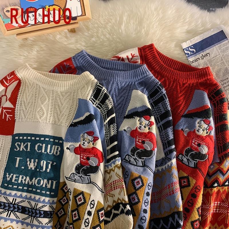 

Men's Sweaters RUIHUO Cartoon Knitted Sweater Men Clothing Pull Winter Clothes Pullover Mens Coat 2022 Autumn -2XL Mari22, Red