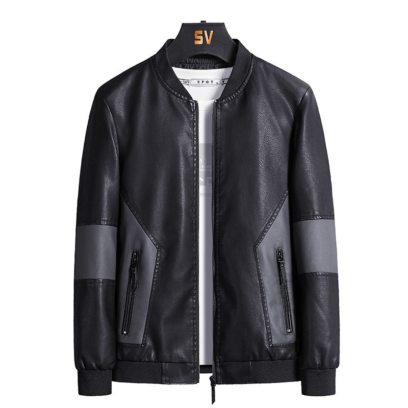 

8XL autumn leather jacket fashion mens slim standup collar black stitching gray motorcycle jacket highquality leather 220816, 986-black
