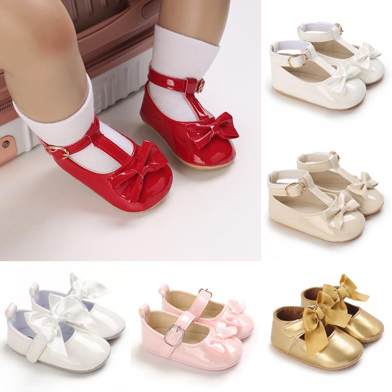 

First Walkers Born Baby Boy Girl Shoes Classic Bowknot Rubber Sole Anti-slip PU Dress Walker Toddler Crib -18MFirst, B241 black