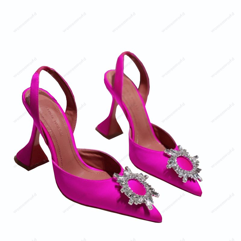 

Luxury Designer Amina Muaddi Womens sandals leather sole designer high heels 10cm diamond chain decoration silk wedding sexy banquet women Rose Pink Satin shoes, Only a shoe box