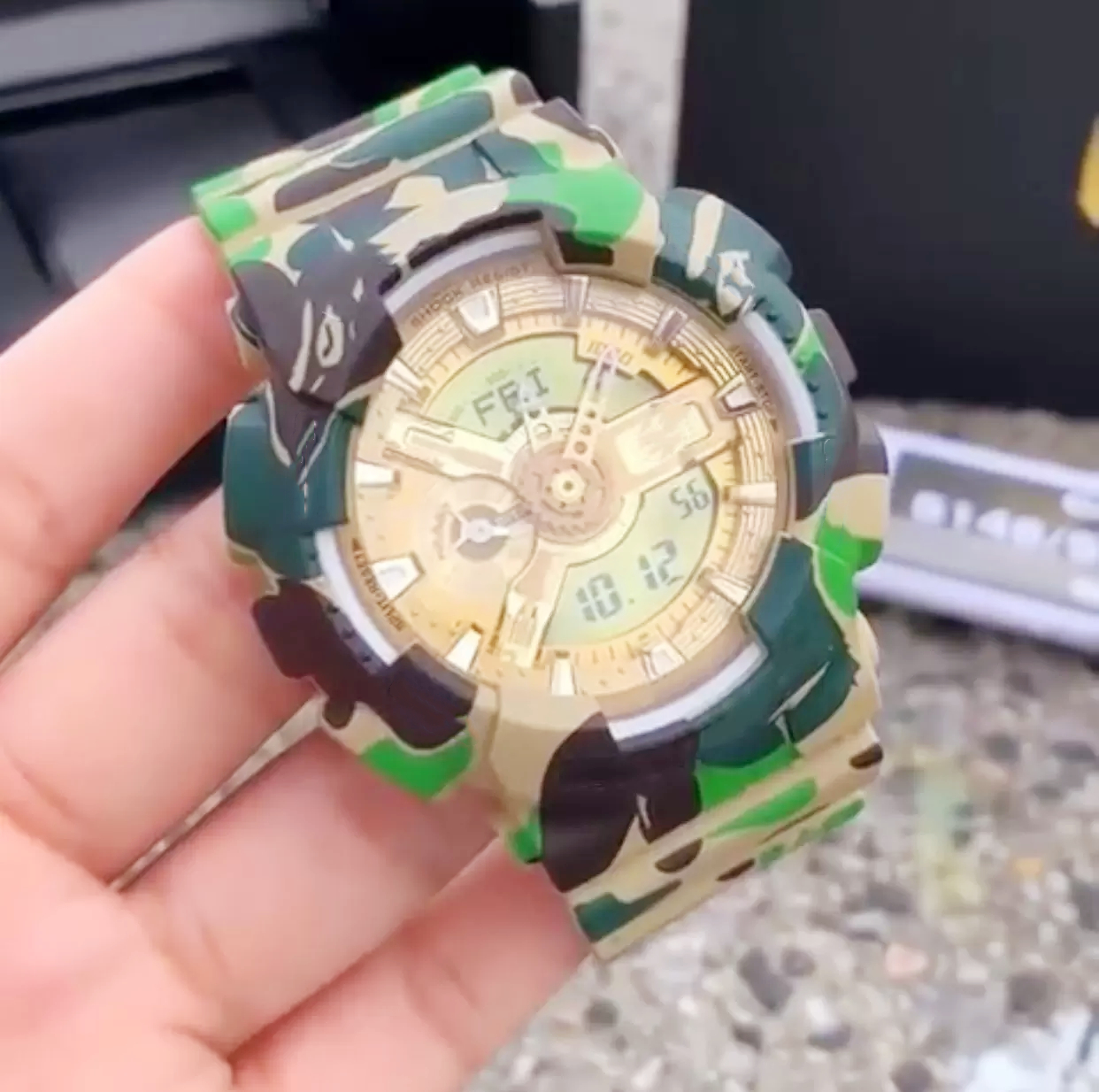 Full Feature Sports Quartz Digital Men's Watch Iced Out Watch LED Automatic Hand Raise Light World Time Oak Camo 110 Series