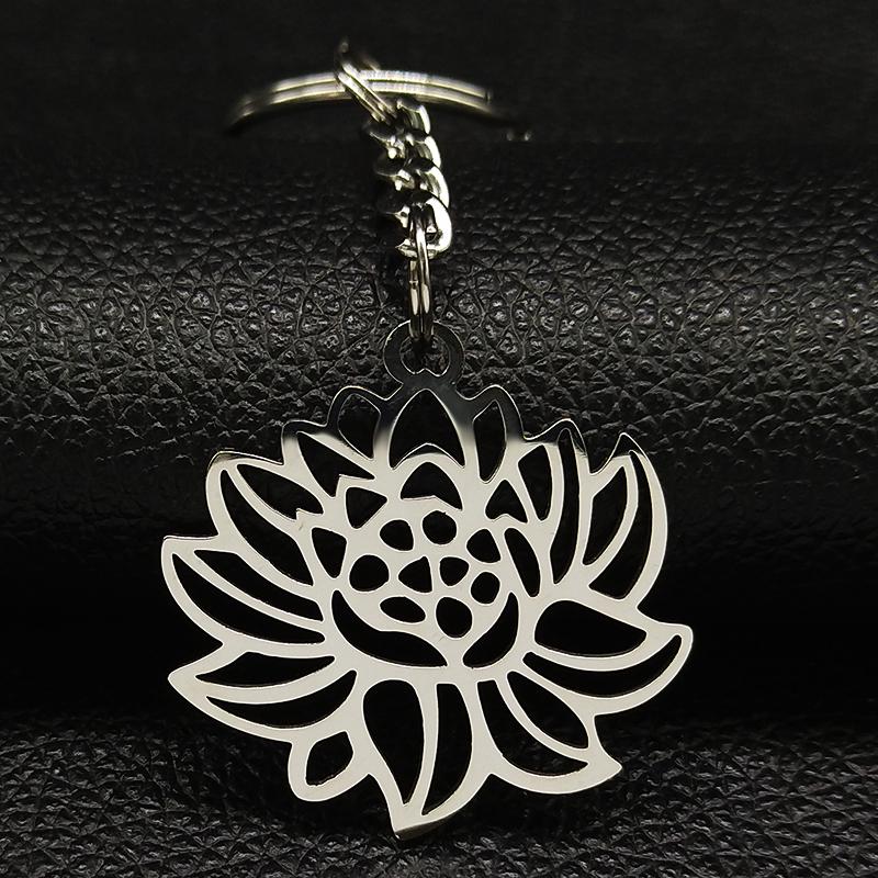 

Keychains Fashion Lotus Stainless Steel For Women Silver Color Flower Of Life Keyring Jewelry Porte Clef K774S06