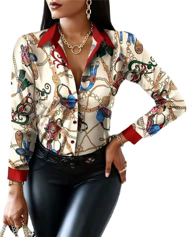 

Women' Blouses & Shirts Trend Women Slim V-neck Shirt Contrast Color Long-sleeved Top High-waist Tight-fitting Printing Spring Autumn Wear