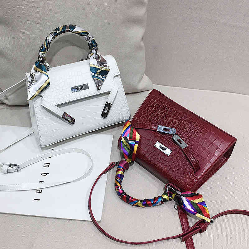 

Purses Outlet Crocodile pattern women's new sling one Shoulder Messenger portable buckle silk scarf bag, White