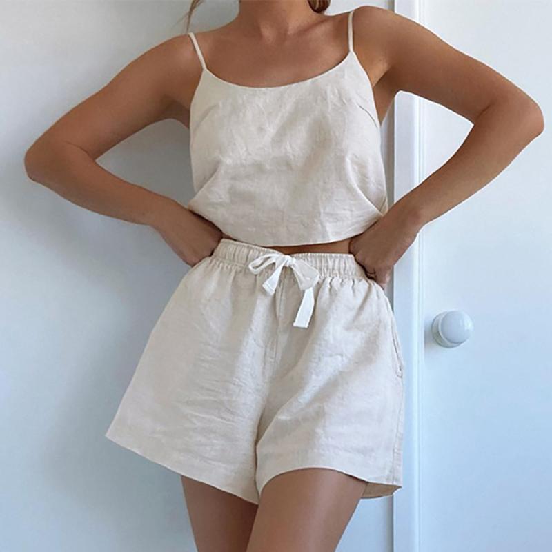 

Women' Tracksuits Casual Cotton Two Piece Set Women Tracksuit Adjustable Strap Tops Drawstring Shorts Suit Elegant Woman OutfitsWomen, Beige