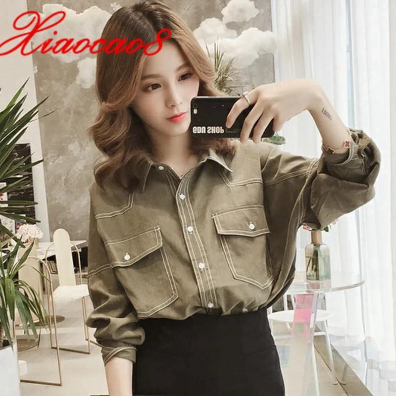 

Women's Blouses & Shirts Spring Fashion Women With Pockets Oversized Long Sleeve Femmel And Solid Loose Blusas Casual Top Clothing, Blue