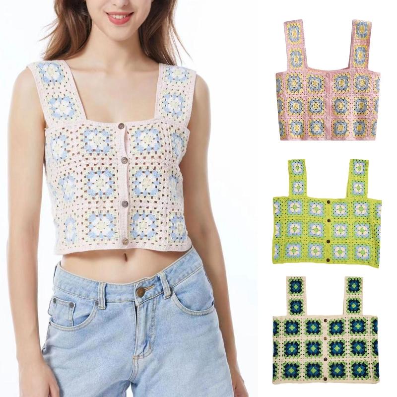 

Women's Tanks & Camis Sweet Women Summer Crop Sleeveless Button Crochet Cardigan Ins Korean TopsWomen's, Green