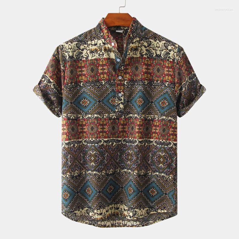 

Men's T-Shirts Male Casual Fashion Shirt Top Colorful Printed Loose Short Sleeve Stand Collar Button Mens Graphic T ShirtsMen's Imon22, Brown