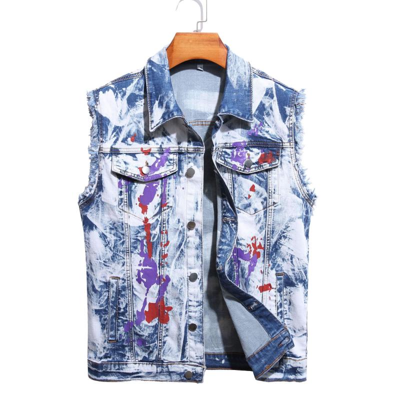 

Men' Vests Man Spring Summer Denim Vintage Bleached Turn-Down Collar Single Breasted Printed Casual Coats Tide, Blue