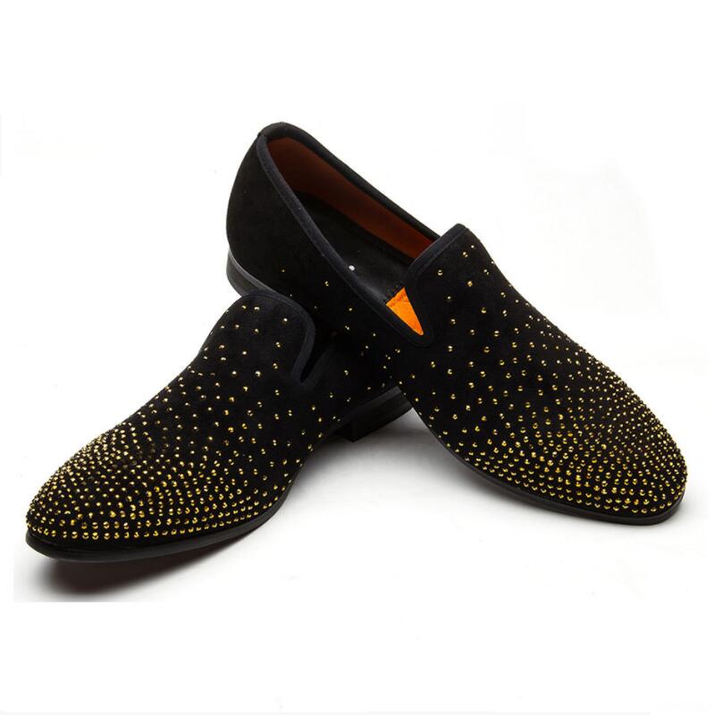 

Black Suede Leather Formal Rhinestones Shoes Flats Mens Casual Wedding Dress Man Loafers Shoes Moccasins Business Party Shoe Big Size Da35