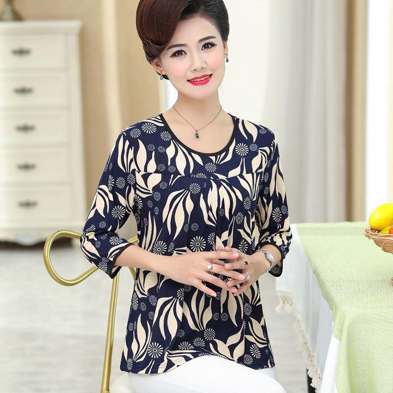 

Women's T-Shirt Women Summer Clothing Mother's Three-quarter Sleeve Printed Stretch Tee Shirts Femme Middle-aged Female 4XL 5XL TopsWome, Navy blue