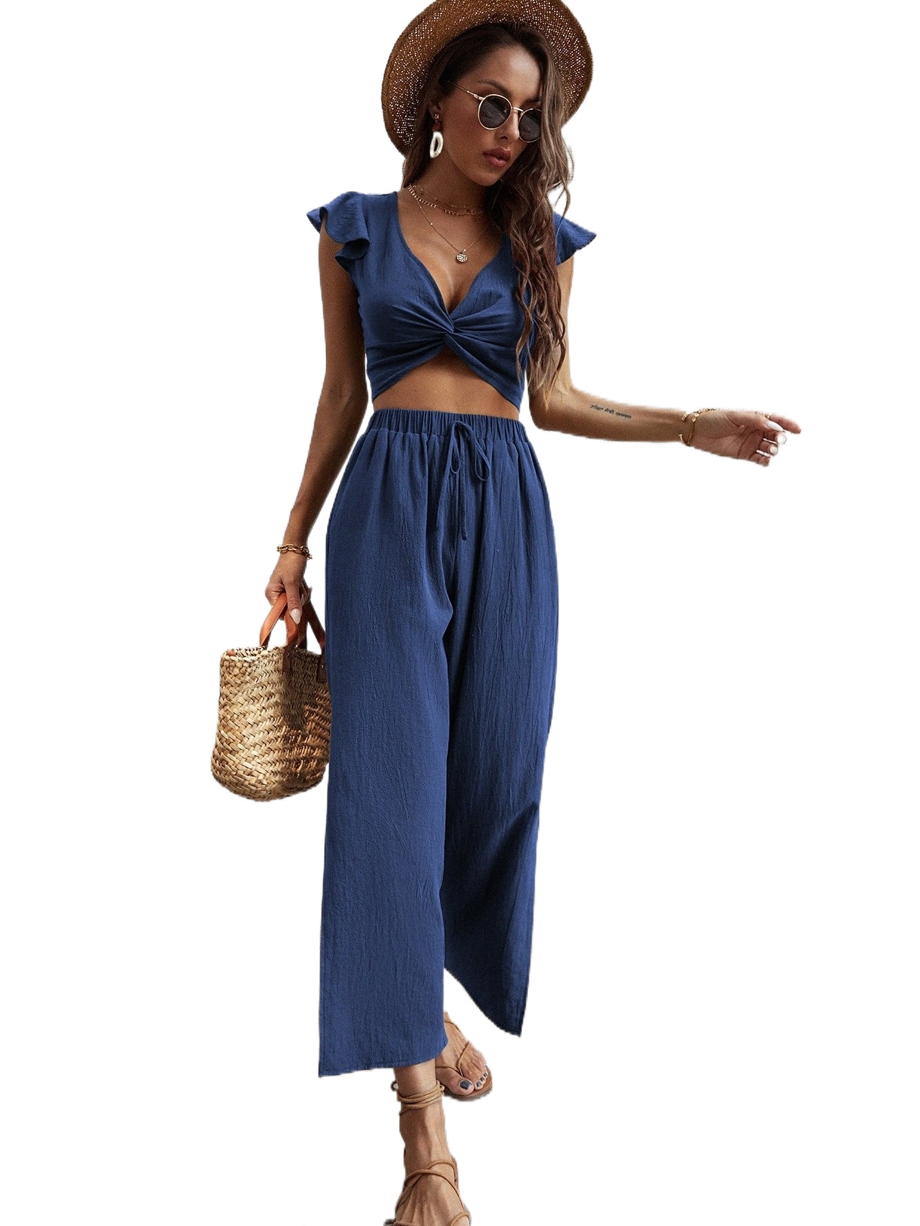 ruffle Trim Twist Top With Pants F3L4#-image-759857376