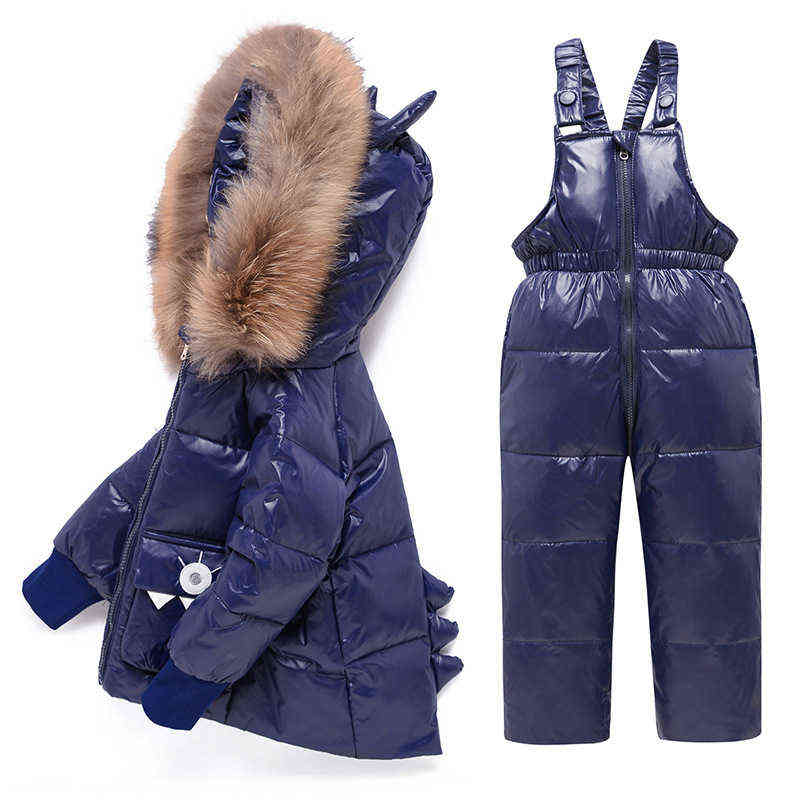 

Winter Children Clothing Set Baby Boy Girl Warm White Duck Down Jackets Jacket Jumpsuit 2 Pieces Snowsuit Children Parka Real Fur Overall J220718, Blue