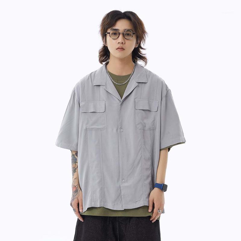 

Solid Color Pocket Cuban Shirt Mens Summer Casual Loose Lapel Short Sleeve Men Men's Shirts, Brown