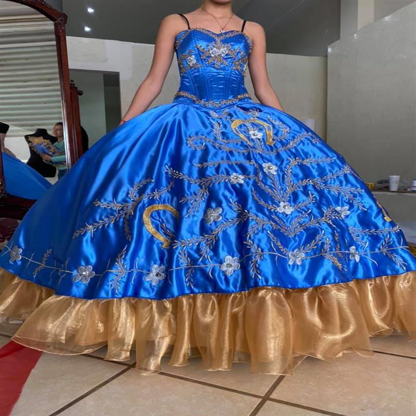 

Stunning Royal Blue Quinceanera Cocktail Evening Dress Gold Embroidery 2022 Mexican Prom Dresses Charro with Straps Beaded Ball Go255D, Same as picture