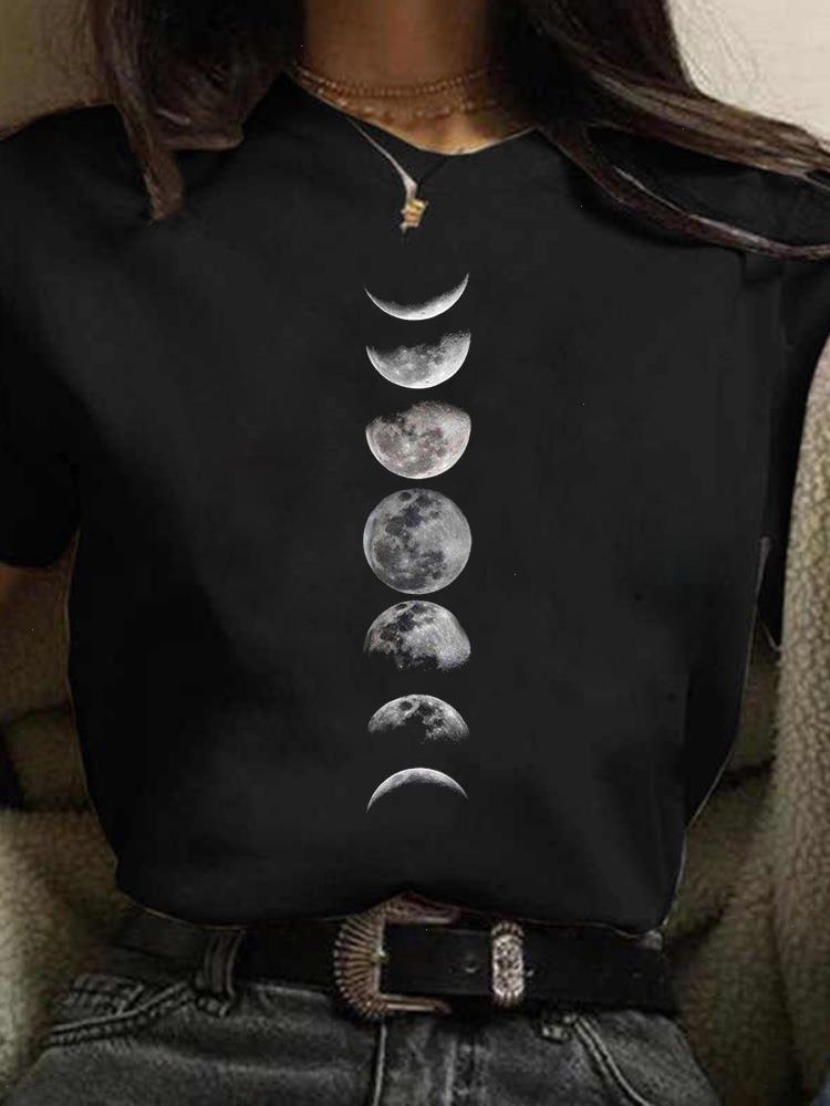 

Maycaur Funny Moon Print T Shirt Women And Black Shirts Fashion Round Neck Short Sleeve T-shirt Summer Tees Casual Top, Color1